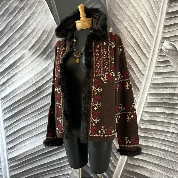 Bohemian Boho L Sweater Cardigan Shacket Merino Wool Rabbit Fut Brown Red Gold - Picture 2 of 16